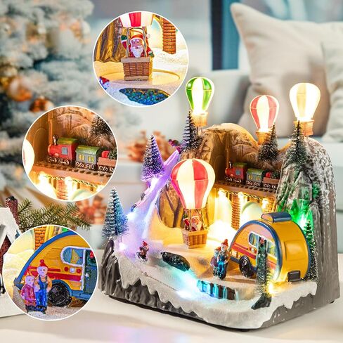 Christmas Village Houses, Hot Air Balloons Snow Mountain with LED Lighted and 8 Christmas Music, Christmas Animation Village Indoor Holiday Tabletop Decorations for Home Tabletop Gift in Saudi Arabia