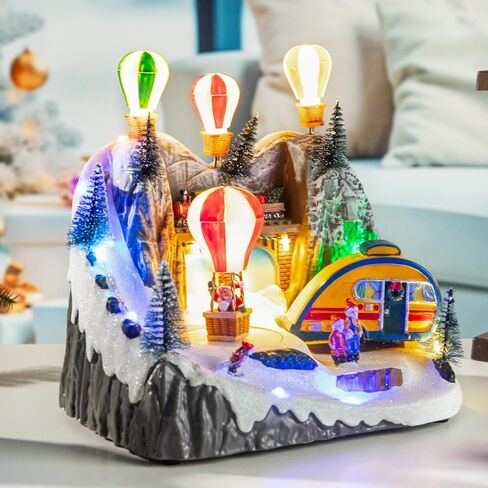 Christmas Village Houses, Hot Air Balloons Snow Mountain with LED Lighted and 8 Christmas Music, Christmas Animation Village Indoor Holiday Tabletop Decorations for Home Tabletop Gift in Saudi Arabia