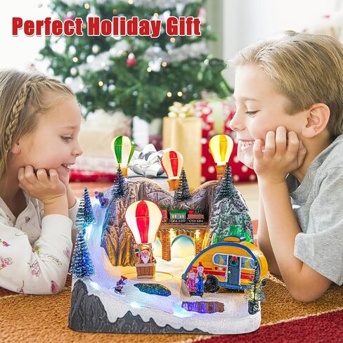 Christmas Village Houses, Hot Air Balloons Snow Mountain with LED Lighted and 8 Christmas Music, Christmas Animation Village Indoor Holiday Tabletop Decorations for Home Tabletop Gift in Saudi Arabia