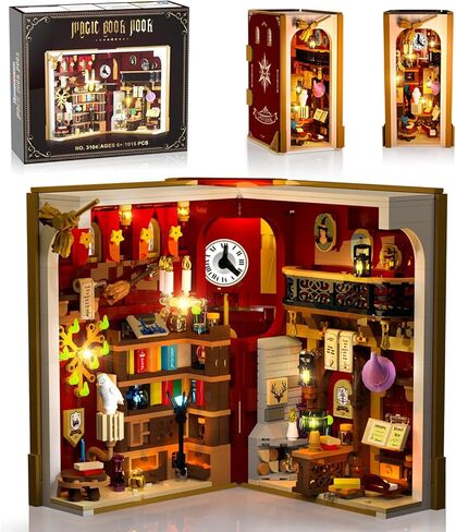 مجموعة بناء زاوية الكتاب السحري مع ضوء LED، لعبة بناء منزل مصغرة بحجم 3.6 مم لديكور المنزل ورف الكتب، 1055 قطعة من نموذج كتلة بناء الكتب الصغيرة للبالغين والمراهقين والأولاد والبنات من عمر 8 سنوات فما فوق in Kuwait