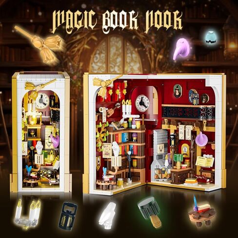 مجموعة بناء زاوية الكتاب السحري مع ضوء LED، لعبة بناء منزل مصغرة بحجم 3.6 مم لديكور المنزل ورف الكتب، 1055 قطعة من نموذج كتلة بناء الكتب الصغيرة للبالغين والمراهقين والأولاد والبنات من عمر 8 سنوات فما فوق in Kuwait