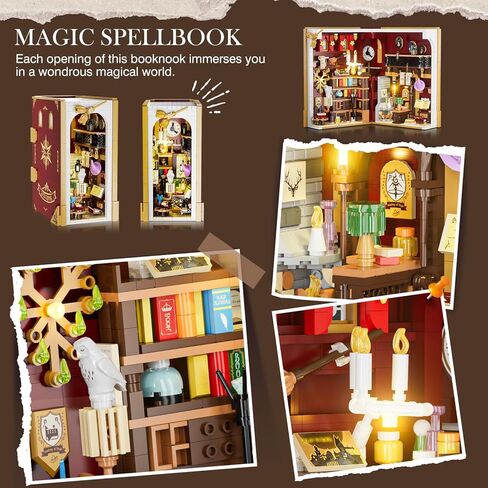 مجموعة بناء زاوية الكتاب السحري مع ضوء LED، لعبة بناء منزل مصغرة بحجم 3.6 مم لديكور المنزل ورف الكتب، 1055 قطعة من نموذج كتلة بناء الكتب الصغيرة للبالغين والمراهقين والأولاد والبنات من عمر 8 سنوات فما فوق in Kuwait