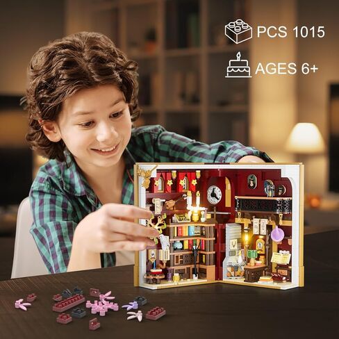 مجموعة بناء زاوية الكتاب السحري مع ضوء LED، لعبة بناء منزل مصغرة بحجم 3.6 مم لديكور المنزل ورف الكتب، 1055 قطعة من نموذج كتلة بناء الكتب الصغيرة للبالغين والمراهقين والأولاد والبنات من عمر 8 سنوات فما فوق in Kuwait