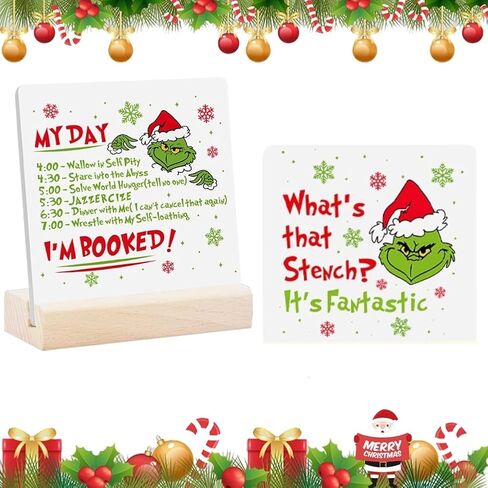 Christmas Decorations, 2 Ceramic Print Signs with 1 Wood Stand Desktop Ornament, Christmas Sign Table Tiered Tray Winter Centerpiece Party Decor for Dinner Coffee Holiday Vacation Home 4.4x4 inch in Kuwait