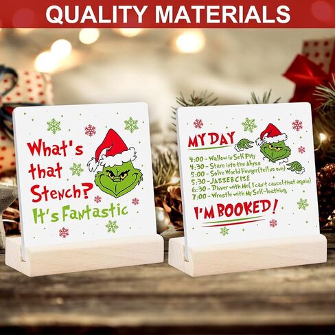 Christmas Decorations, 2 Ceramic Print Signs with 1 Wood Stand Desktop Ornament, Christmas Sign Table Tiered Tray Winter Centerpiece Party Decor for Dinner Coffee Holiday Vacation Home 4.4x4 inch in Kuwait