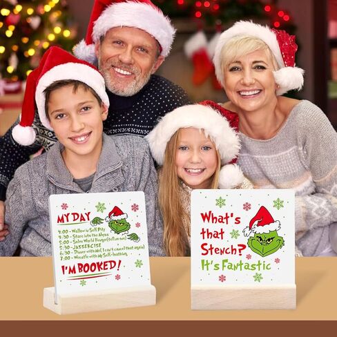 Christmas Decorations, 2 Ceramic Print Signs with 1 Wood Stand Desktop Ornament, Christmas Sign Table Tiered Tray Winter Centerpiece Party Decor for Dinner Coffee Holiday Vacation Home 4.4x4 inch in Kuwait