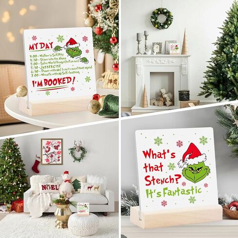Christmas Decorations, 2 Ceramic Print Signs with 1 Wood Stand Desktop Ornament, Christmas Sign Table Tiered Tray Winter Centerpiece Party Decor for Dinner Coffee Holiday Vacation Home 4.4x4 inch in Kuwait