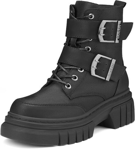 Women's Combat Boots Chunky Platform Lug Sole Ankle Boots Buckle Lace Up Moto Boots with Side Zipper in Saudi Arabia
