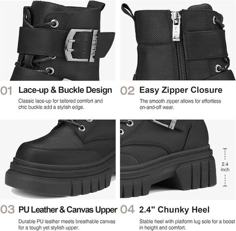 Women's Combat Boots Chunky Platform Lug Sole Ankle Boots Buckle Lace Up Moto Boots with Side Zipper in Saudi Arabia