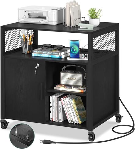 Yoobure Lateral File Cabinet with Charging Station, Filing Cabinet with Open Shelves, Rolling Printer Stand with Storage, Mobile Home Office Storage Cabinet Printer Table with Lock, Black in Saudi Arabia
