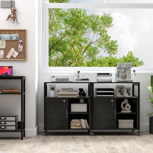 Yoobure Lateral File Cabinet with Charging Station, Filing Cabinet with Open Shelves, Rolling Printer Stand with Storage, Mobile Home Office Storage Cabinet Printer Table with Lock, Black in Saudi Arabia