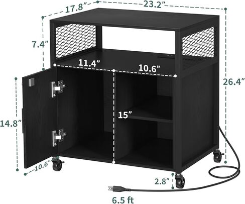 Yoobure Lateral File Cabinet with Charging Station, Filing Cabinet with Open Shelves, Rolling Printer Stand with Storage, Mobile Home Office Storage Cabinet Printer Table with Lock, Black in Saudi Arabia
