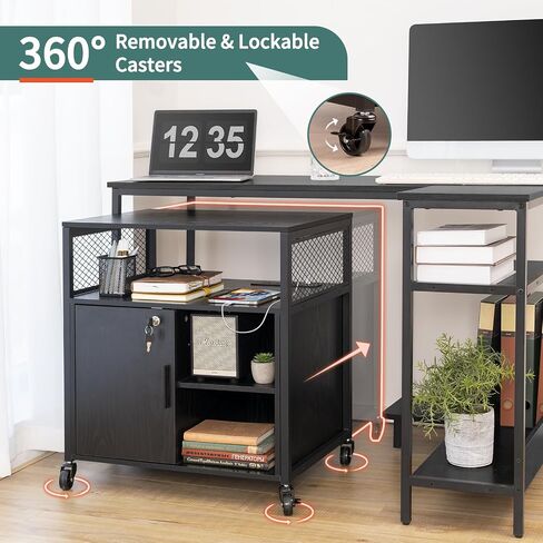 Yoobure Lateral File Cabinet with Charging Station, Filing Cabinet with Open Shelves, Rolling Printer Stand with Storage, Mobile Home Office Storage Cabinet Printer Table with Lock, Black in Saudi Arabia