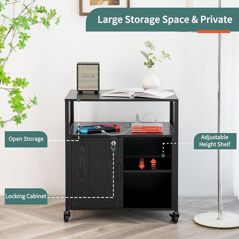 Yoobure Lateral File Cabinet with Charging Station, Filing Cabinet with Open Shelves, Rolling Printer Stand with Storage, Mobile Home Office Storage Cabinet Printer Table with Lock, Black in Saudi Arabia