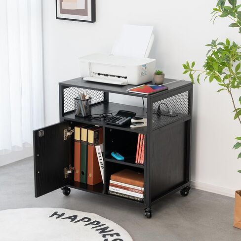 خزانة ملفات جانبية من Yoobure مع محطة شحن، خزانة ملفات بأرفف مفتوحة، حامل طابعة متدحرج مع مساحة تخزين، طاولة طابعة خزانة تخزين مكتب منزلي متنقل مع قفل، أسود in Kuwait