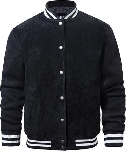 FLAVOR Mens Casual Leather Baseball Bomber Jacket Suede Varsity Jacket with Polyester Sleeve in Saudi Arabia