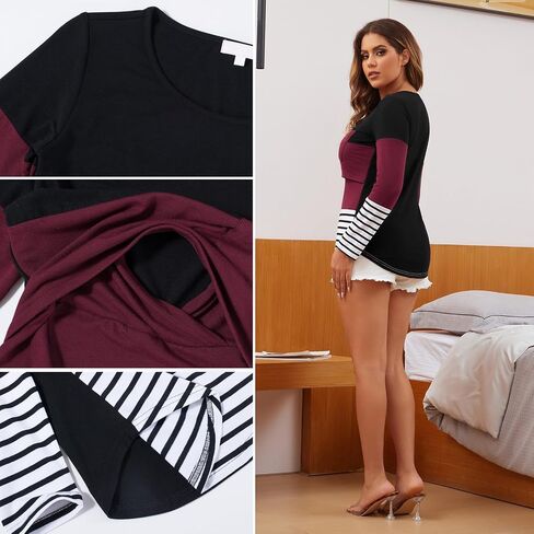Bhome Nursing Tshirt Color Block Maternity Top Sleeve Top للرضاعة الطبيعية قميص الحمل مع جيب in Kuwait