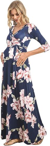 HELLO MIZ Women's Faux Wrap Maxi Maternity Dress with Belt - Made in USA in Kuwait