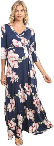 HELLO MIZ Women's Faux Wrap Maxi Maternity Dress with Belt - Made in USA in Kuwait
