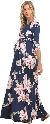 HELLO MIZ Women's Faux Wrap Maxi Maternity Dress with Belt - Made in USA in Kuwait