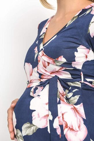 HELLO MIZ Women's Faux Wrap Maxi Maternity Dress with Belt - Made in USA in Kuwait