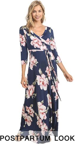 HELLO MIZ Women's Faux Wrap Maxi Maternity Dress with Belt - Made in USA in Kuwait