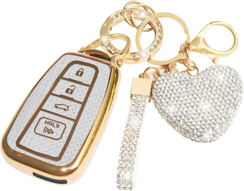 Key Fob Cover with Diamond Keychain for Toyota Car Key Shell Compatible with 2018-2024 Highlander RAV4 Camry Avalon C-HR Corolla GT86 Full Cover Protector for Women (4 Buttons-Silver Heart) in Saudi Arabia