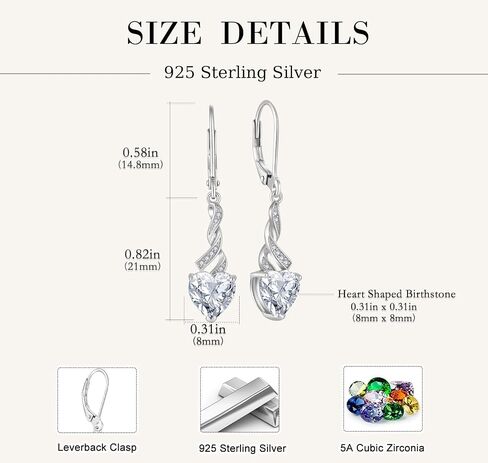 Women Heart Earrings 925 Sterling Silver Birthstone Swirl Twist Dangle Drop Earrings with Cubic Zirconia for Her Birthday Christamas in Kuwait