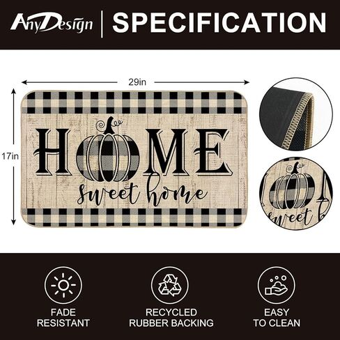 AnyDesign Home Sweet Home Fall ممسحة ريفي الخريف Welocome Pumpkins Farmhouse Door Rug Buffalo Plaids Carpet Floor Mat لعيد الشكر في الأماكن المغلقة في الهواء الطلق الديكور المنزلي، 17 × 29 بوصة in Saudi Arabia