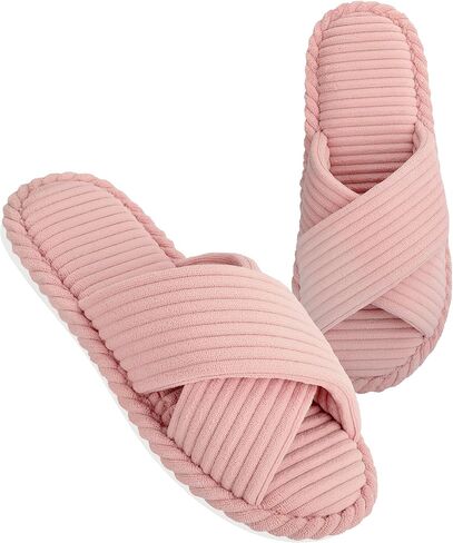 House Slippers for Women Corduroy Cross Band Slippers Open Toe Bedroom Indoor Shoes with Memory Foam in Kuwait