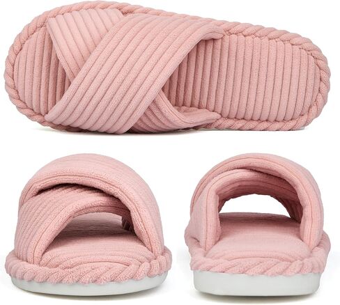 House Slippers for Women Corduroy Cross Band Slippers Open Toe Bedroom Indoor Shoes with Memory Foam in Kuwait