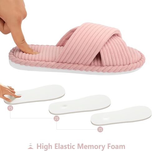 House Slippers for Women Corduroy Cross Band Slippers Open Toe Bedroom Indoor Shoes with Memory Foam in Kuwait