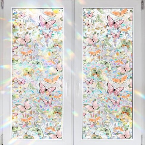 Static Cling Decorative Window Film Pink Butterfly Window Privacy Film PVC Stained Glass Window Sticker Heat Blocking Window Coverings for Bathroom Living Room Kitchen,43x100cm in Saudi Arabia