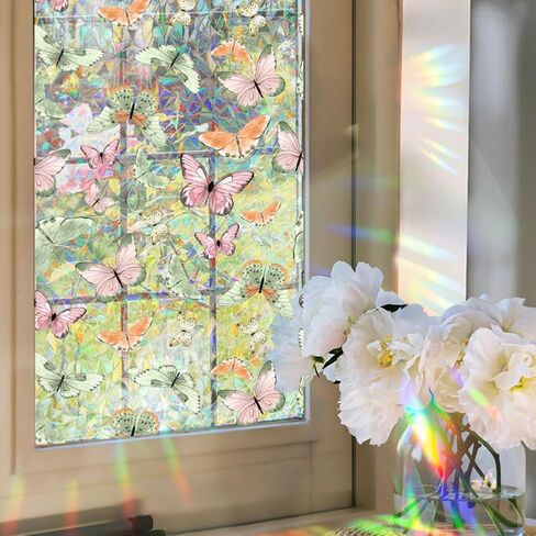 Static Cling Decorative Window Film Pink Butterfly Window Privacy Film PVC Stained Glass Window Sticker Heat Blocking Window Coverings for Bathroom Living Room Kitchen,43x100cm in Saudi Arabia