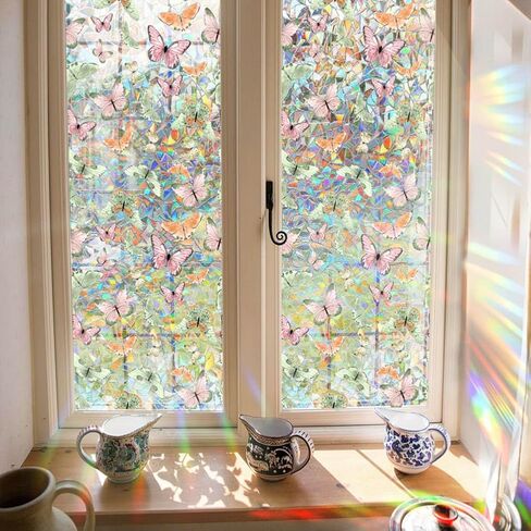 Static Cling Decorative Window Film Pink Butterfly Window Privacy Film PVC Stained Glass Window Sticker Heat Blocking Window Coverings for Bathroom Living Room Kitchen,43x100cm in Saudi Arabia