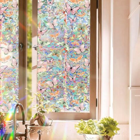 Static Cling Decorative Window Film Pink Butterfly Window Privacy Film PVC Stained Glass Window Sticker Heat Blocking Window Coverings for Bathroom Living Room Kitchen,43x100cm in Saudi Arabia
