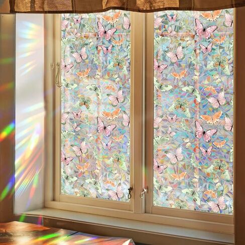 Static Cling Decorative Window Film Pink Butterfly Window Privacy Film PVC Stained Glass Window Sticker Heat Blocking Window Coverings for Bathroom Living Room Kitchen,43x100cm in Saudi Arabia