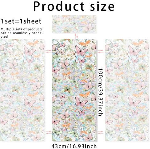 Static Cling Decorative Window Film Pink Butterfly Window Privacy Film PVC Stained Glass Window Sticker Heat Blocking Window Coverings for Bathroom Living Room Kitchen,43x100cm in Saudi Arabia