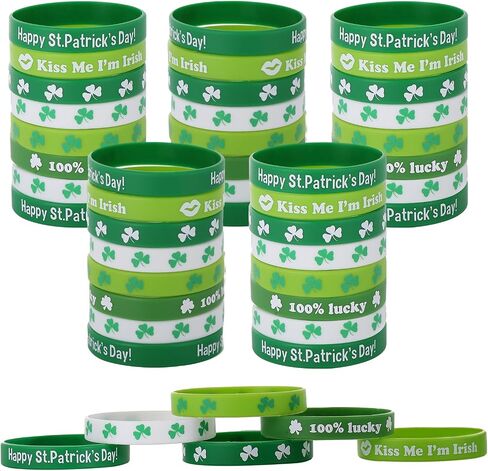 40pcs St. Patrick's Day Rubber Bracelets Silicone Wristbands Green Shamrock Irish Stretchy Silicone Bracelet for Women Men School Party Favors Supplies Decoration in Saudi Arabia