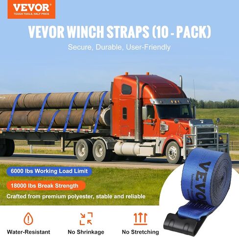 أشرطة ونش VEVOR، أشرطة شاحنة مقاس 4 بوصات × 30 بوصة مع خطافات مسطحة بقوة كسر 18000 رطل، WLL# 6000 رطل، أشرطة شحن مربوطة لأسفل للأسرة المسطحة والشاحنات والمقطورات والمزارع وعمليات الإنقاذ وموفر الأشجار، أزرق (10 عبوات) in Saudi Arabia