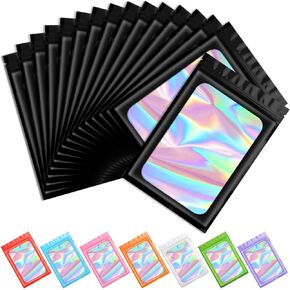 Funfery 100 pcs Black Mylar Holographic Bags Packaging Bags,Clear Resealable Bags Foil Pouch Bags for Food Storage and Lipgloss,Jewelry,Eyelash Packaging for Small Business(2.4x3.9Inch)