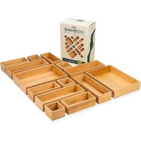 Grow Forward Bamboo Drawer Organizer Boxes - Set of 14 Wooden Drawer Organizers for Kitchen, Bathroom, Office, Desk, Vanity, Makeup - Non-Slip Junk Drawer Organizer Trays for Storage and Organization