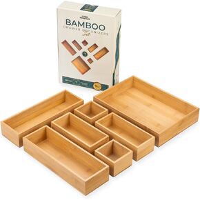 Grow Forward Bamboo Drawer Organizer Boxes - Set of 14 Wooden Drawer Organizers for Kitchen, Bathroom, Office, Desk, Vanity, Makeup - Non-Slip Junk Drawer Organizer Trays for Storage and Organization
