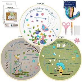 SUPBRAIN 3 Sets Embroidery kit for Beginners Adults, with Stamped Embroidery Patterns, Hoop, Color Threads,Tools,Easy to Follow Instruction, Beginner Embroidery Kit, Hand Embroidery Kit for Kids