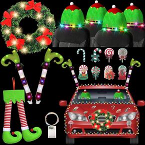 LED Christmas Decorations for Car, Light Up Christmas Car Decorations, Christmas Car Decor, Christmas Car Wreath (Elf Legs Set, Large)