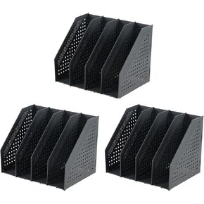 4 Compartment Magazine File Holder, Document Paper Storage Organizer, File Cabinet Shelf for Work/Office/Study, Set of 3, Grey