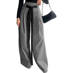 Women's Wide Leg Dress Pants with Pockets High Waisted Casual Loose Tie Knot Business Trousers Pants