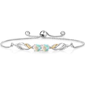 Gem Stone King 925 Silver and 10K Yellow Gold Round Cabochon White Simulated Opal and White Lab Grown Diamond Tennis Bracelet For Women (1.02 Cttw, Fully Adjustable Up to 9 Inch)