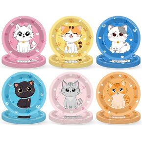 48Pcs 7" Cat Theme Party Supplies Cat Dessert Plates Kitten Paper Plates for Kids Girls Birthday Party Dinner Decorations Cat Paw Disposable Dinnerware Plates for Baby Shower Party Favors