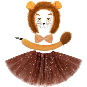 5 Pcs Halloween Costume Set Animal Ears Headband Tail Bowtie Tutu and Animal Face Sticker for Kids Adult Halloween Dress Up